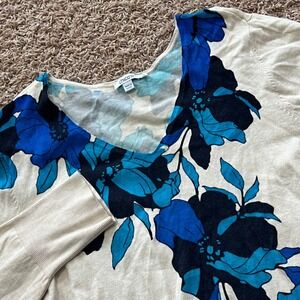 Chicos Sz 4 Women's Sweater V-Neck Floral Print Blue Beige Size XXL